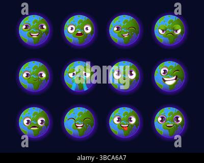 Planète Terre emoji. Dessins animés planètes émoticônes de caractère mignon, bébé globe triste visage heureux mondial écologie de caractère drôle sauver la nature Smile autocollants Smile illustration vectorielle chic illustration originale Illustration de Vecteur