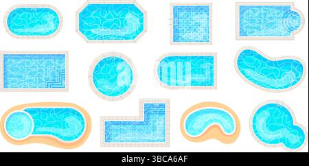 Vue sur la piscine de dessins animés. Piscines rectangle de cercle de forme différente ovale, zone de natation 2d jeu de piscine mosaïque de sol de texture d'eau, vacances d'été soignées illustration vectorielle illustration originale Illustration de Vecteur