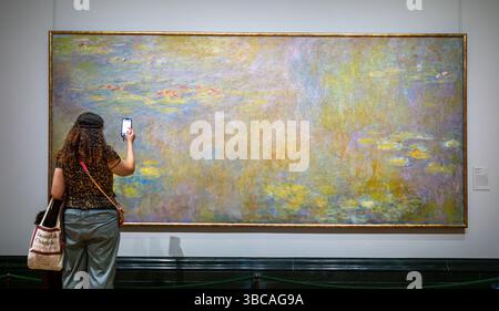 Un visiteur prend une photo d'un chef-d'œuvre de Claude Monet appelé « Nymphéas d'eau » dans la National Gallery, Londres, Royaume-Uni. Huile sur toile, après 1916. Banque D'Images