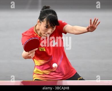 Doha, Qatar. 19 mai 2025. Shi Xunyao fait son retour lors de la ronde féminine en simple de 64 entre Shi Xunyao, de Chine, et Andrea Todorovic, de Serbie, lors de la finale des Championnats du monde de tennis de table de l'ITTF Doha 2025 à Doha, Qatar, le 19 mai 2025. Crédit : HE Changshan/Xinhua/Alamy Live News Banque D'Images