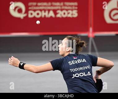 Doha, Qatar. 19 mai 2025. Andrea Todorovic participe à la ronde féminine de 64 entre Shi Xunyao, de Chine, et Andrea Todorovic, de Serbie, à la finale des Championnats du monde de tennis de table de l'ITTF Doha 2025 à Doha, Qatar, le 19 mai 2025. Crédit : HE Changshan/Xinhua/Alamy Live News Banque D'Images