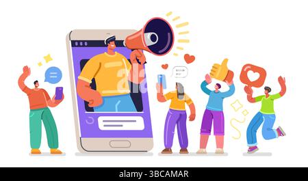 Influenceur interagit avec les followers en ligne. Influence et marketing des médias sociaux. Homme au mégaphone. Entreprise numérique Illustration de Vecteur