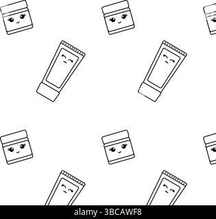 Bouteille de crème Kawaii et pot modèle sans couture. Illustration de ligne graphique vectorielle. Maquillage cosmétique noir et blanc ayant un fond pour bannières, imprimer pour Illustration de Vecteur