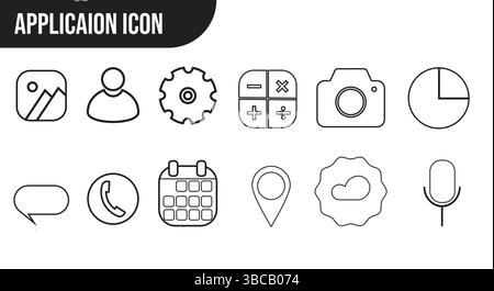 Minimaliste Black Line App icônes définies pour UI et UX icône d'application Design CAMRA Calculatrice réglage profil horloge micro photo emplacement météo Illustration de Vecteur