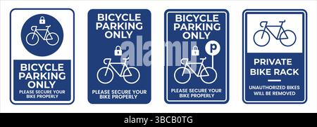Panneau de stationnement de bicyclette, panneau, signalisation, symbole, ensemble d'icônes. Signalisation routière. Icône parking vélo. Panneaux de stationnement pour vélos. Illustration vectorielle. Illustration de Vecteur