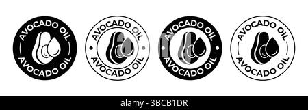 Ensemble d'icônes d'huile d'avocat. Avocat avec étiquette de goutte d'huile, logo, badge, autocollant, symbole, emblème, timbre, cercle, ligne, vecteur plat isolé sur fond blanc Illustration de Vecteur