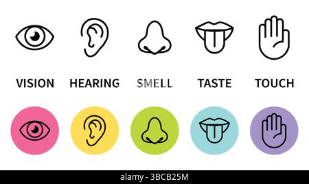 Jeu d'icônes sens humain. Œil de vision, nez odorant, oreille auditive, toucher la main, goûter la bouche avec la langue. Icônes de ligne simples et cercle noir. Illustration de Vecteur