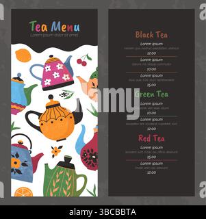 Menu thé. Modèle de typographie. Couverture avec motif coloré, page avec espace de copie pour le texte et les prix. Vaisselle à doodle pour boire du thé. Illustration plate de dessin animé vectoriel de restaurant de conception flyer Illustration de Vecteur