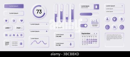 Boutons de l'interface utilisateur. Eléments de conception d'interface. Icônes du kit d'applications Web ou du calendrier du site Web. Modèle d'application utilisateur. Barre de recherche du navigateur. Graphique indicateur. Cadre de calendrier. Jeu de symboles neumorphiques d'application vectorielle Illustration de Vecteur