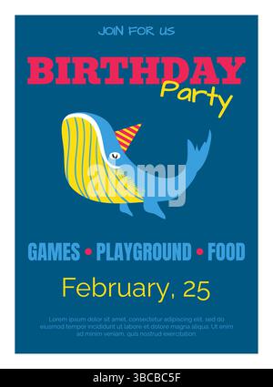Carte de voeux joyeux anniversaire. Vacances enfants. Fête de naissance. Célébration d'anniversaire de bébé. Dessin enfantin de baleine. Animal marin mignon. Carte postale de garderie. Casquette festive. Conception vectorielle d'invitation d'événement pour enfants Illustration de Vecteur