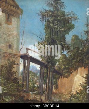 Paysage avec une passerelle par le peintre allemand de la Renaissance Albrecht Altdorfer à la National Gallery, Londres, Royaume-Uni Banque D'Images
