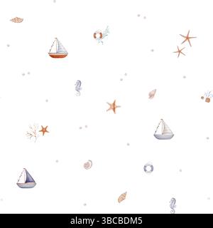 Aquarelle modèle sans couture avec Seashell et Pearls et éléments de mer sur fond isolé. Ornement répété vintage dessiné à la main avec bateau de mer et Banque D'Images