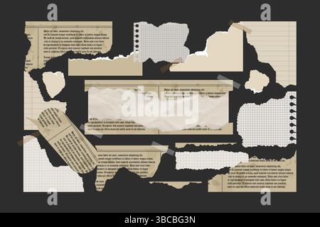Ensemble de morceaux de papier déchirés et de vieux journaux, notes de Scrapbook mignons morceaux vintage déchirés de cahiers et blocs-notes pour collage, illustration vectorielle Illustration de Vecteur
