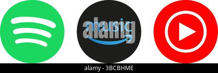 Spotify, Amazon Music, Youtube, musique. Icônes du logo de la société musicale. Illustration de Vecteur