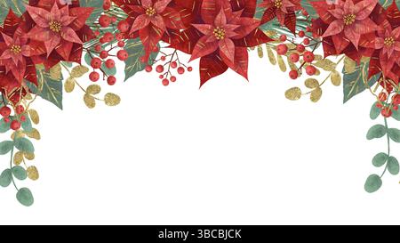 Cadre, vierge pour une carte postale avec une fleur de Noël poinsettia rouge, des branches de sapin, de la végétation et des baies mises en évidence sur un fond blanc. Banque D'Images