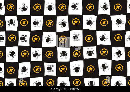 Motif d'Halloween avec araignées et étoiles dans le style dessiné à la main. Doodle arachnid web parfait pour les cartes, invitations de fête, web, mode, impression Illustration de Vecteur