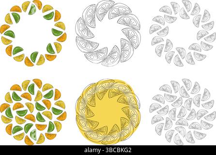 Citron vert Orange Citrus Slices Outline et Colorful Circle Frames Copy Space and Backgrounds Bundle. Illustration vectorielle isolée cartes de menu thématiques impression et prospectus, bannière, affiche Illustration de Vecteur