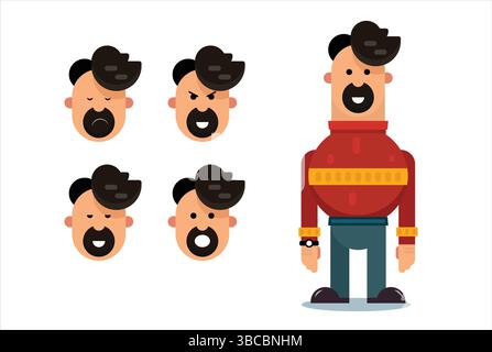 Personnage d'homme de dessin animé avec quatre expressions faciales sur fond blanc Illustration de Vecteur