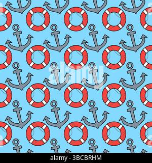 Motif nautique sans couture d'été vibrant mignon avec bouées de sauvetage de bande dessinée, et ancres sur un fond bleu clair. Pour l'été, la côte, la plage, la station, Illustration de Vecteur