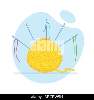 Boule de fil jaune avec plusieurs aiguilles à coudre collées dedans, chacune enfilée avec des fils colorés en rose, bleu et vert. Illustration de Vecteur