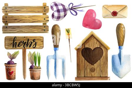 Outils et équipements de jardin. Illustrations aquarelle sur fond blanc. Icônes de jardin dessinées à la main. Banque D'Images