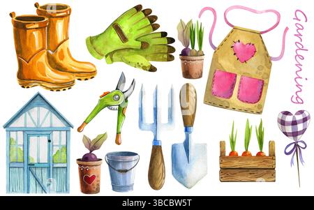 Outils et équipements de jardin. Illustrations aquarelle sur fond blanc. Icônes de jardin dessinées à la main. Banque D'Images