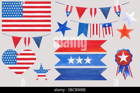 Collection Independence Day. Ensemble d'éléments festifs à l'aquarelle. Nœuds, étoiles et coeurs dessinés à la main avec drapeau américain Banque D'Images