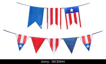 Collection Independence Day. Ensemble d'éléments festifs à l'aquarelle. Nœuds, étoiles et coeurs dessinés à la main avec drapeau américain Banque D'Images