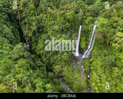 Vue aérienne de Sekumpul et Cascade cachée à Buleleng Bali Nord Bali Banque D'Images