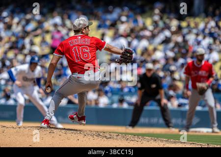 Los Angeles, Californie, États-Unis. 18 mai 2025. 18 mai 2025 : le lanceur des Angels de Los Angeles YUSEI KIKUCHI en route vers une victoire de 6-4 contre les Dodgers de Los Angeles au Dodger Stadium. (Crédit image : © Mark Edward Harris/ZUMA Press Wire) USAGE ÉDITORIAL SEULEMENT ! Non destiné à UN USAGE commercial ! Banque D'Images