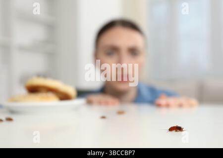 Jeune femme choquée regardant des cafards sur une table blanche à l'intérieur, mise au point sélective. Problème de ravageur Banque D'Images
