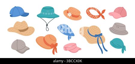 Chapeaux et coiffures d'été. Accessoires de tête de protection solaire de dessin animé, plage panama, chapeaux de paille, bandanas à motifs et casquettes, femmes hommes et enfants mode Illustration de Vecteur
