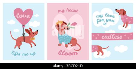 Cartes drôles de teckel. Personnages de chien de race pure de dessin animé, affiches d'amour et romantique avec des animaux joyeux mignons, bannières de salutation de la saint-valentin, adorable ludique Illustration de Vecteur