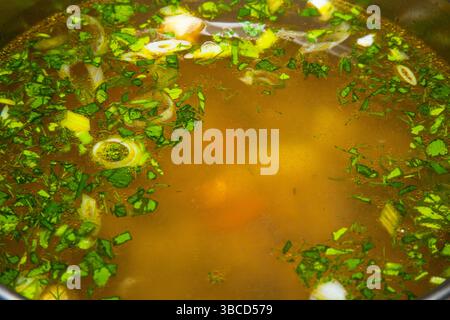 Soupe avec boulettes de viande, légumes, herbes et oeufs dans une casserole gros plan. Banque D'Images
