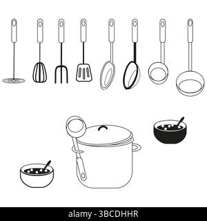 Nécessaire de cuisine complet. Outils avec pot. Bol à soupe inclus. Mise en page noir et blanc. Illustration de Vecteur