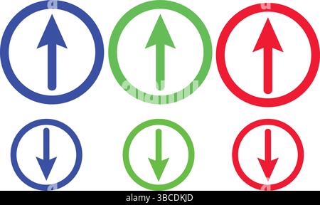 Icônes de flèches haut et bas circulaires en vecteur de couleur rouge bleu vert pour la conception de l'interface utilisateur Illustration de Vecteur