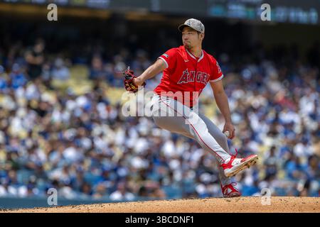 Los Angeles, Californie, États-Unis. 18 mai 2025. 18 mai 2025 : le lanceur des Angels de Los Angeles YUSEI KIKUCHI en route vers une victoire de 6-4 contre les Dodgers de Los Angeles au Dodger Stadium. (Crédit image : © Mark Edward Harris/ZUMA Press Wire) USAGE ÉDITORIAL SEULEMENT ! Non destiné à UN USAGE commercial ! Banque D'Images