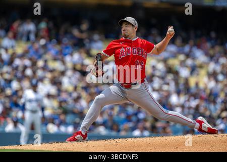 Los Angeles, Californie, États-Unis. 18 mai 2025. 18 mai 2025 : le lanceur des Angels de Los Angeles YUSEI KIKUCHI en route vers une victoire de 6-4 contre les Dodgers de Los Angeles au Dodger Stadium. (Crédit image : © Mark Edward Harris/ZUMA Press Wire) USAGE ÉDITORIAL SEULEMENT ! Non destiné à UN USAGE commercial ! Banque D'Images