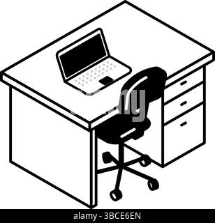 Illustration simple et mignonne d'art au trait isométrique d'un bureau organisé avec seulement un ordinateur portable, illustration vectorielle Illustration de Vecteur