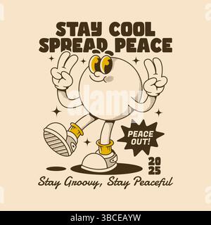 Personnage de dessin animé rétro promouvant la paix, la joie et les vibrations groovy partout Illustration de Vecteur