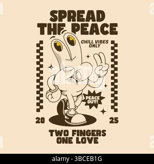 Personnage amusant avec des vibrations de refroidissement, la promotion de la paix et de la culture streetwear rétro avec une expression ludique Illustration de Vecteur