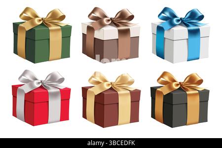 Coffrets cadeaux 3d Elements clipart Set. Coffret cadeau d'anniversaire clip art avec collection élégante de cravate ruban pour la collection d'événements de vacances surprise présente Illustration de Vecteur