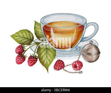 Tasse avec des feuilles de framboise, des baies mûres et un infuseur de thé en métal, dessinant dans un style aquarelle. Convient pour l'emballage de thé, la décoration de cuisine, la conception de produits à base de plantes et la marque de café. Banque D'Images