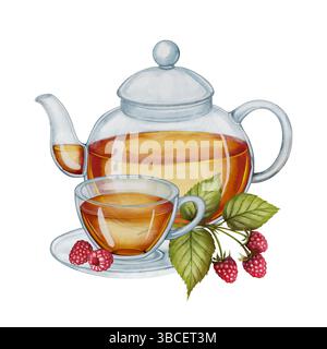 Théière avec tisane, framboises mûres, feuilles dessin aquarelle, idéal pour l'emballage de thé, étiquettes de produits à base de plantes, décoration de cuisine et conception liée à la nourriture. Banque D'Images