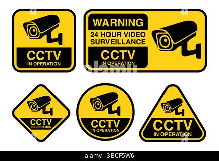 Caméra de sécurité ou panneau de vidéosurveillance en jaune et noir. Pictogramme de vidéosurveillance en fonctionnement Illustration de Vecteur