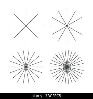 Symbole d'éclat de soleil à rayons fins et ronds radiaux. Formes géométriques abstraites. Bandes vectorielles Starburst définies sur fond blanc. Illustration de Vecteur