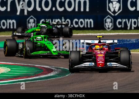 Imola, Italie - 18 mai 2025, #44 Lewis Hamilton (GBR, Ferrari), #55 Gabriel Bortoleto (BRA, Kick Sauber), #27 Nico Hulkenberg (GER, Kick Sauber), Emili Banque D'Images