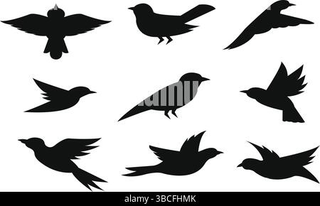 Silhouettes d'oiseaux volants sur fond blanc, illustration vectorielle. vol d'oiseau isolé, conception de tatouage. Illustration de Vecteur