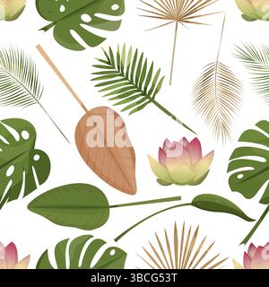 Motif sans couture de feuilles tropicales et de fleurs de Lotus Banque D'Images