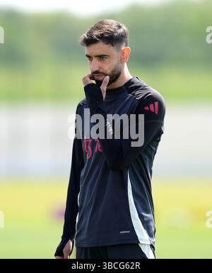 Bruno Fernandes de Manchester United lors d'une séance d'entraînement au Carrington Training Centre, Manchester. Date de la photo : mardi 20 mai 2025. Banque D'Images